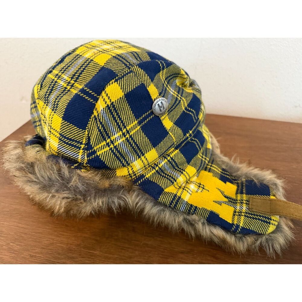 The Honour Society Yellow Navy Plaid Faux Fur Trapper Hat S/M